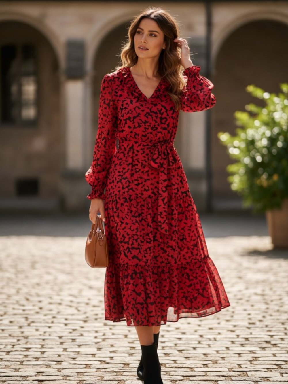 Michael Kors Ruffled Abstract Midi Dress Red Black Womens Extra Small Boho Chic